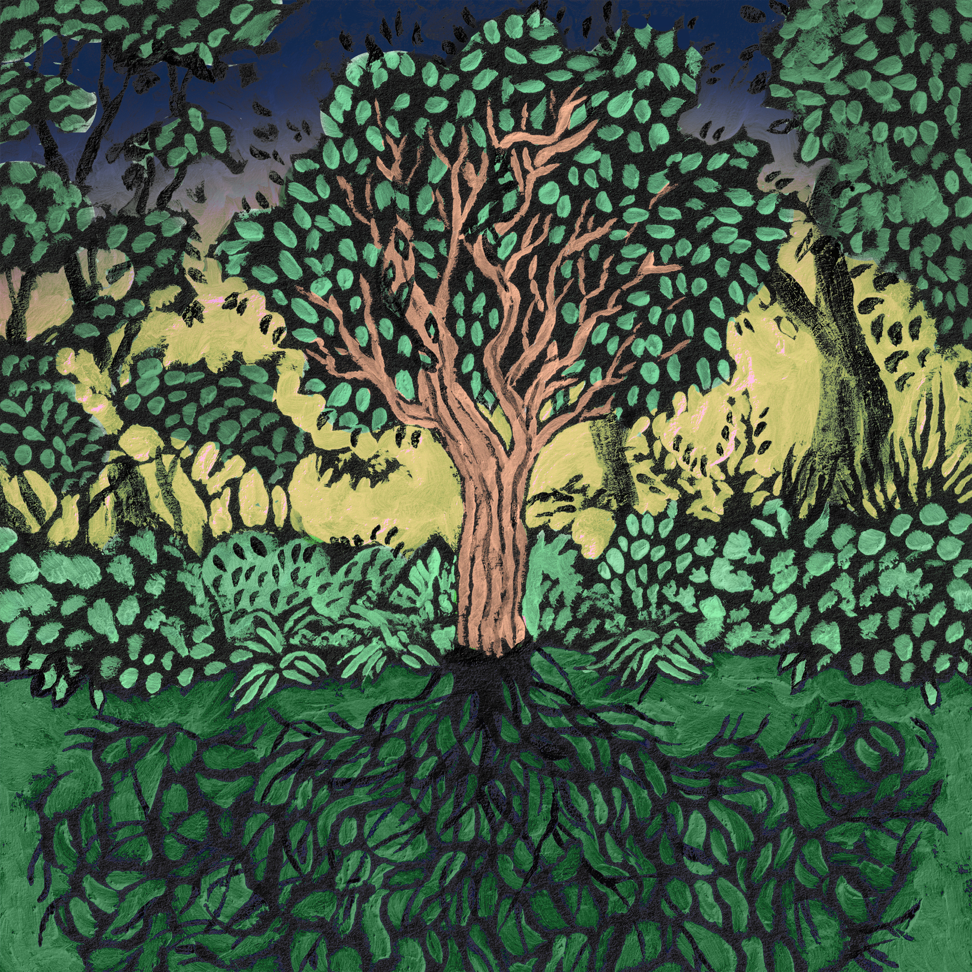 Hand drawn illustration of a tree with roots in a forest