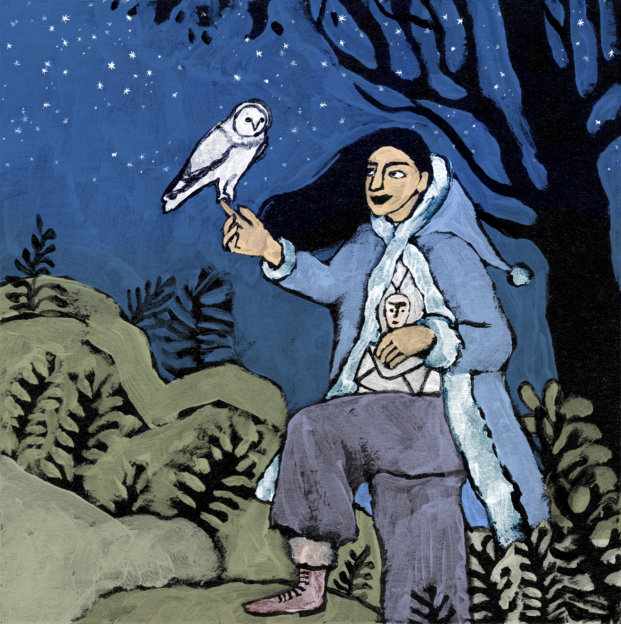 Hand drawn illustration of a girl with an owl at night