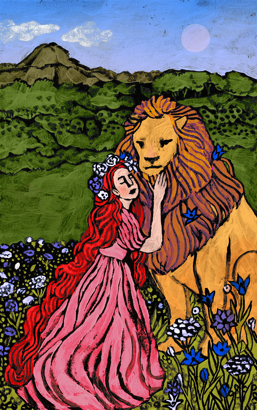Illustration of a woman with a lion in a flower field.