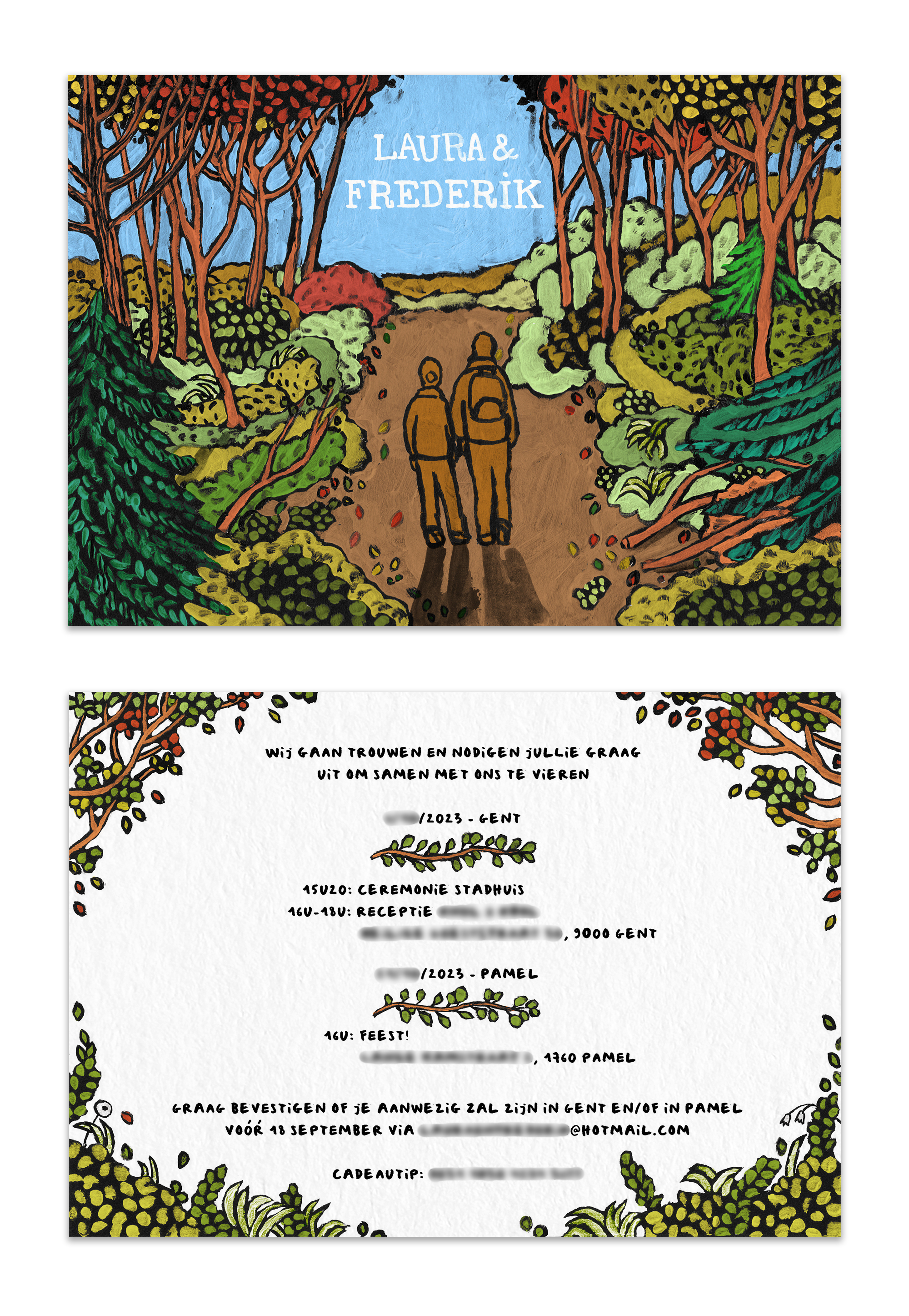 Hand painted wedding invitations, with an illustration of a couple walking through a forest and a handlettered text