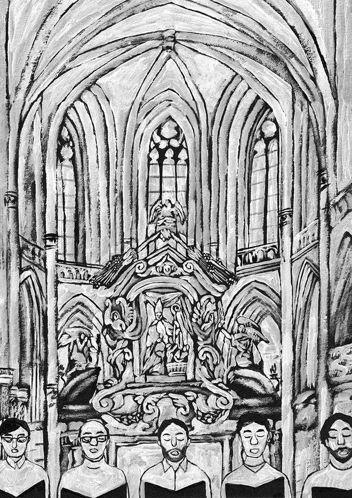Monochrome illustration of a cathedral interior and choir
