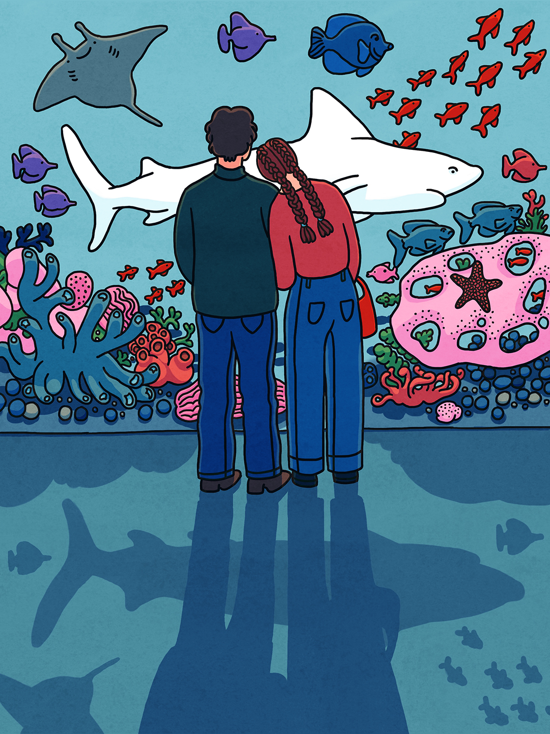 illustrated couple in aquarium