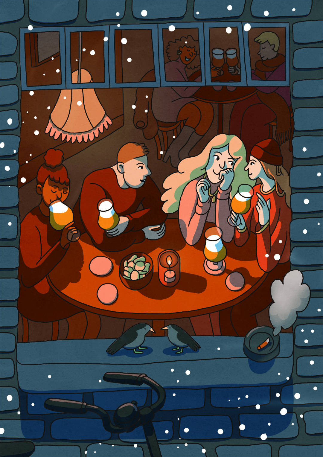 illustration of people enjoying beer in a bar