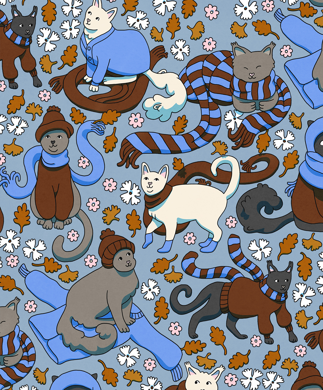 cats wearing hats and scarves repeating pattern