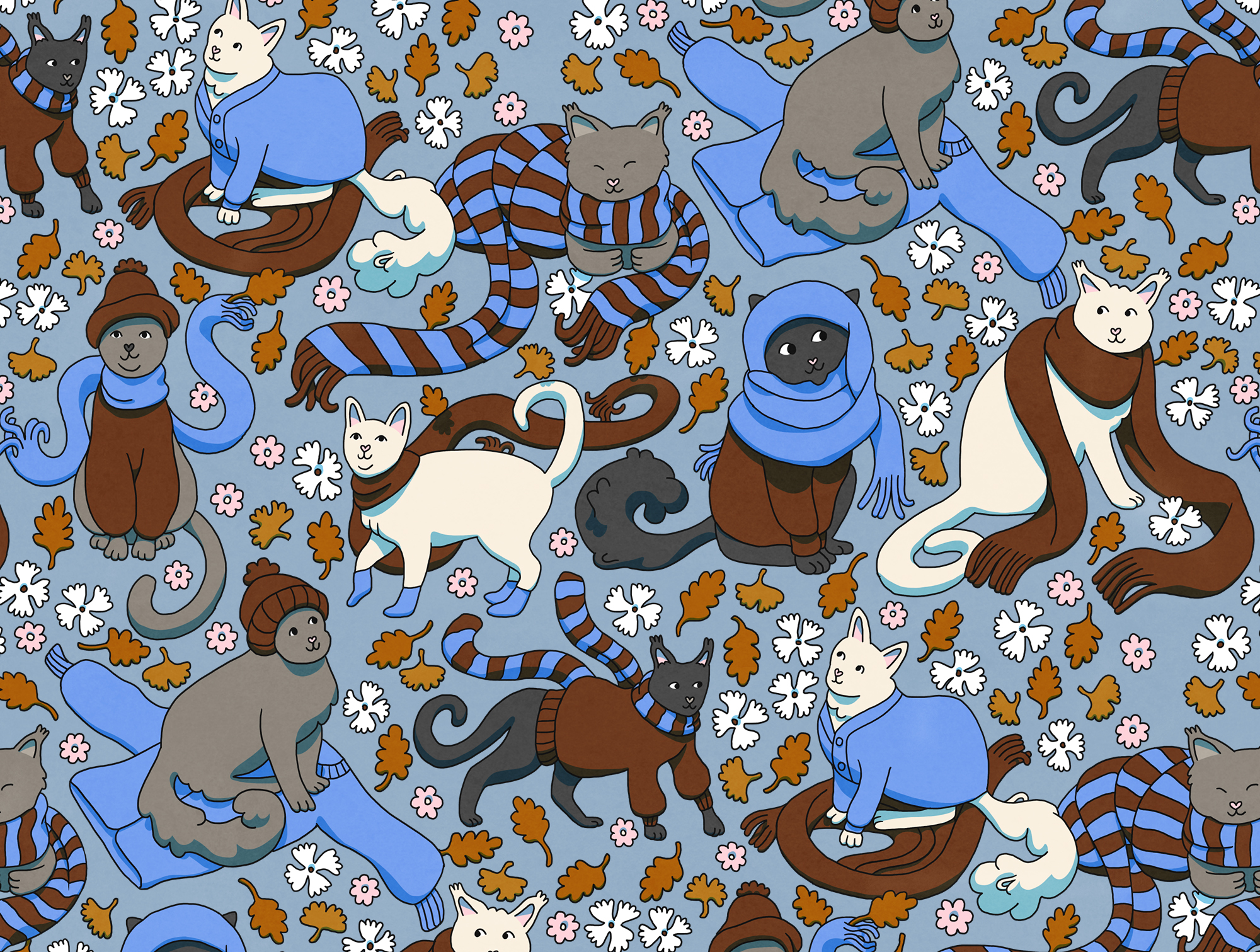 repeating pattern with cats and autumn leaves