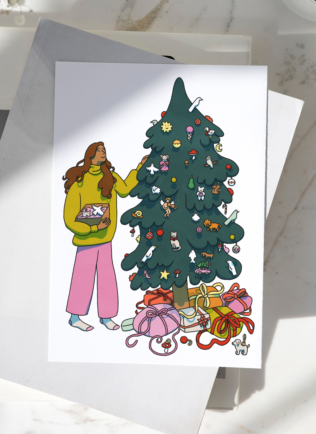 illustration of a girl decorating a Christmas tree