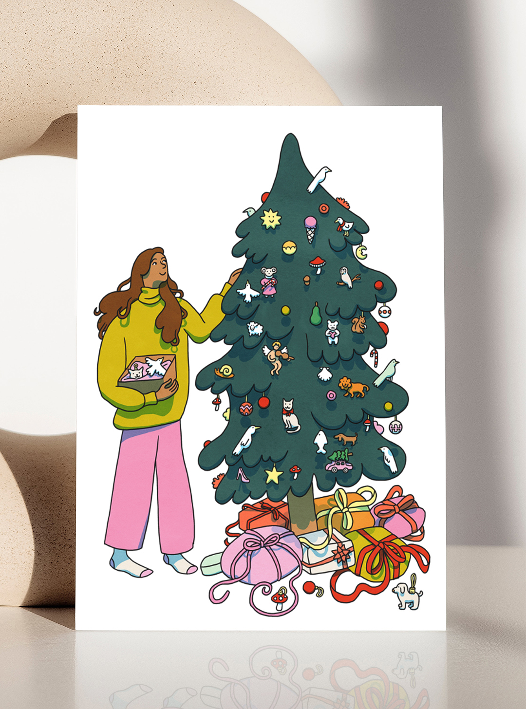 illustration of a girl decorating a Christmas tree