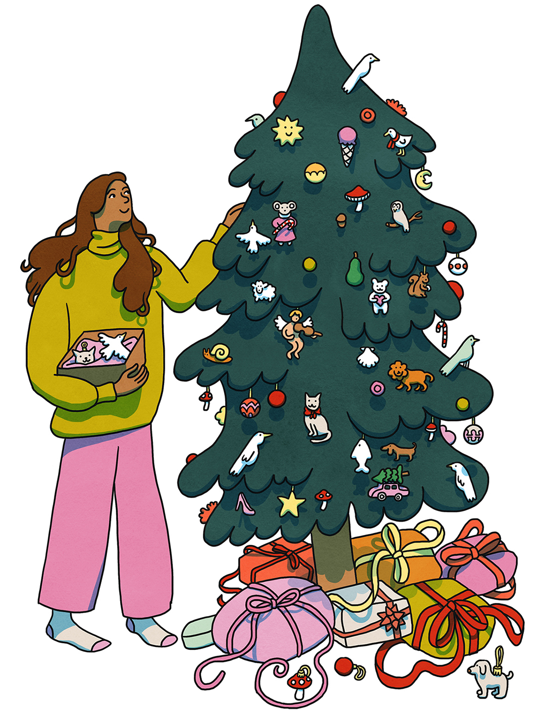 illustration of a girl decorating a Christmas tree