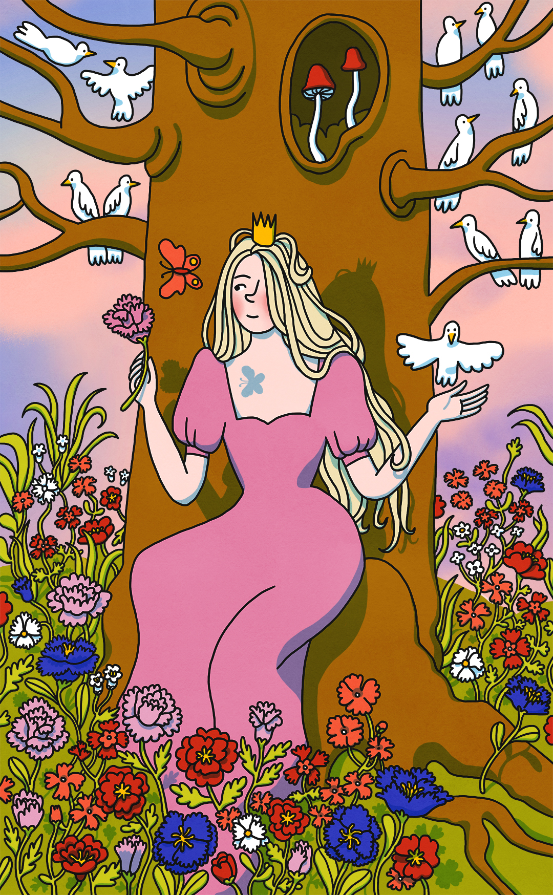 whimsical princess with flowers and birds fantasy fairytale illustration