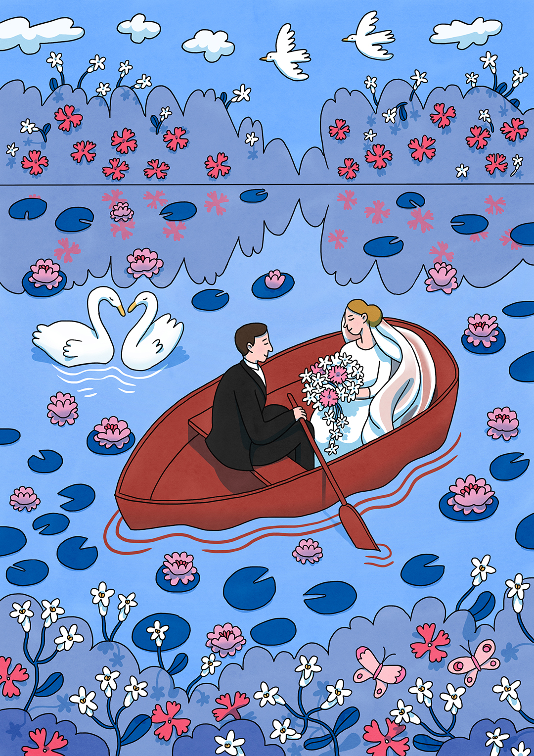 illustration for a wedding invitation, of the Dutch saying 'in het huwelijksbootje stappen'