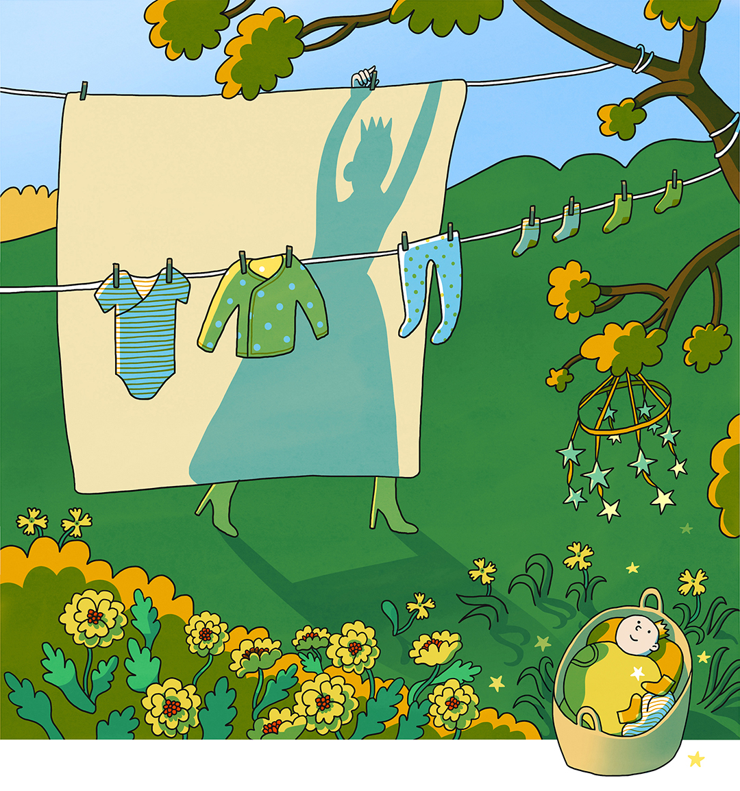 kidlit illustration of a queen and a baby prince 