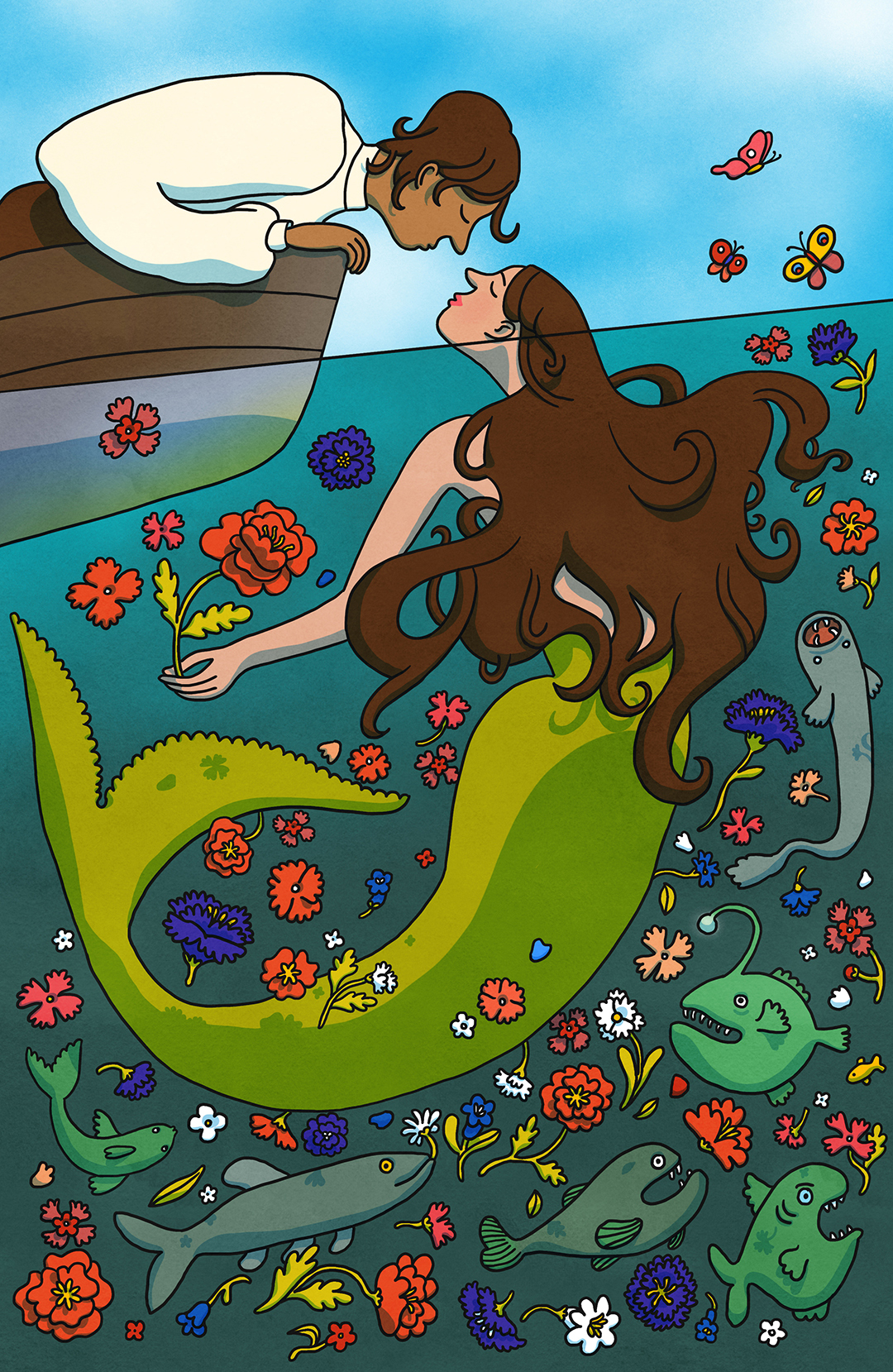 fantasy fairytale illustration of a mermaid and a sailor