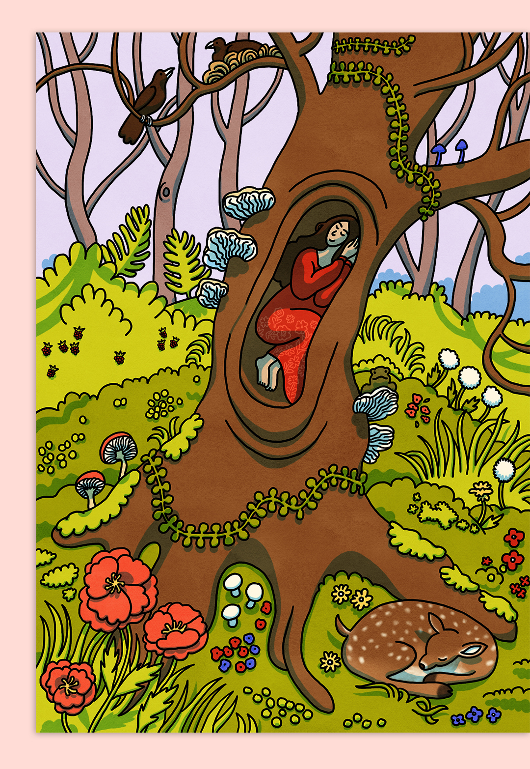 illustrated animals sleeping in forest