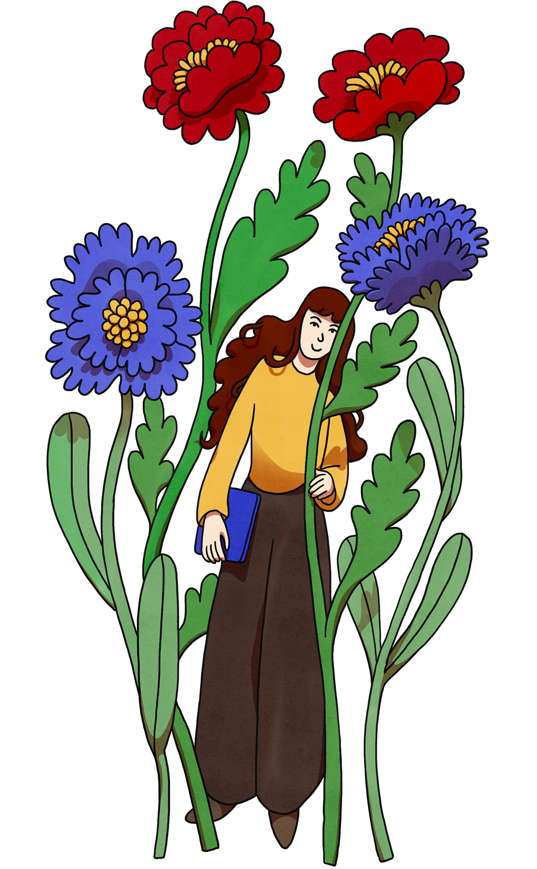 shy girl with flowers illustration