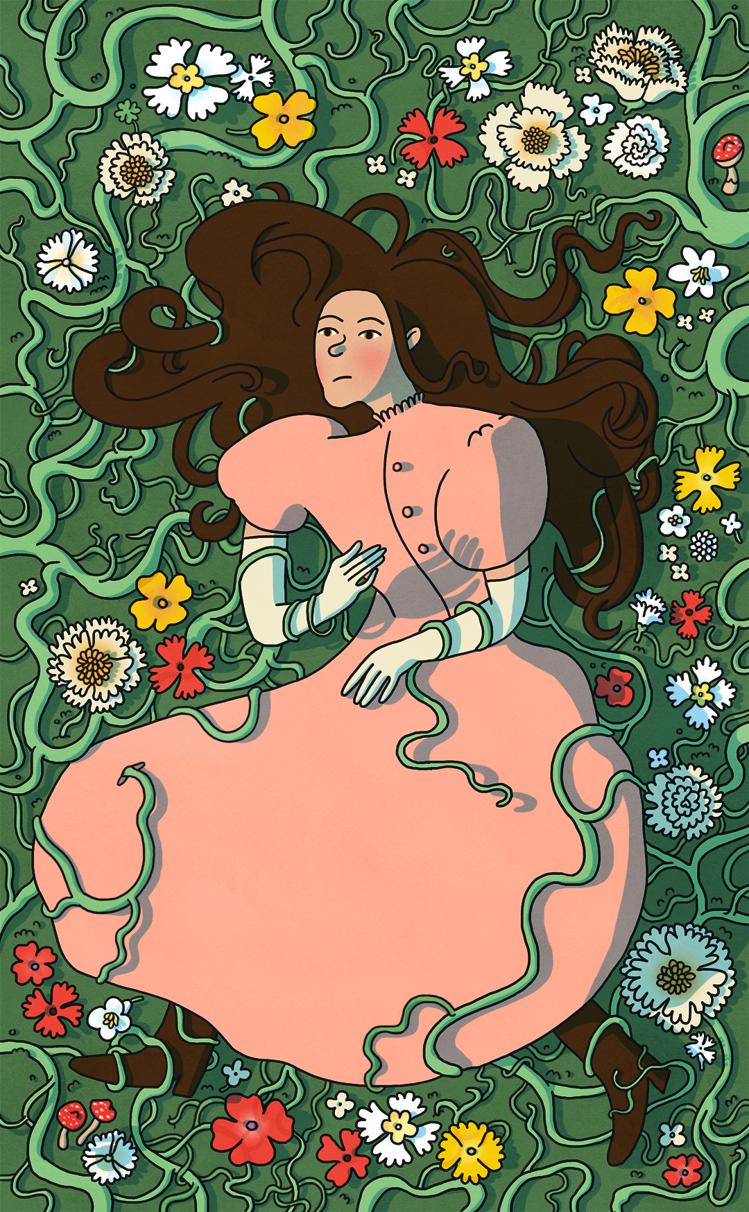 woman trapped in frotts whimsical fairytale illustration