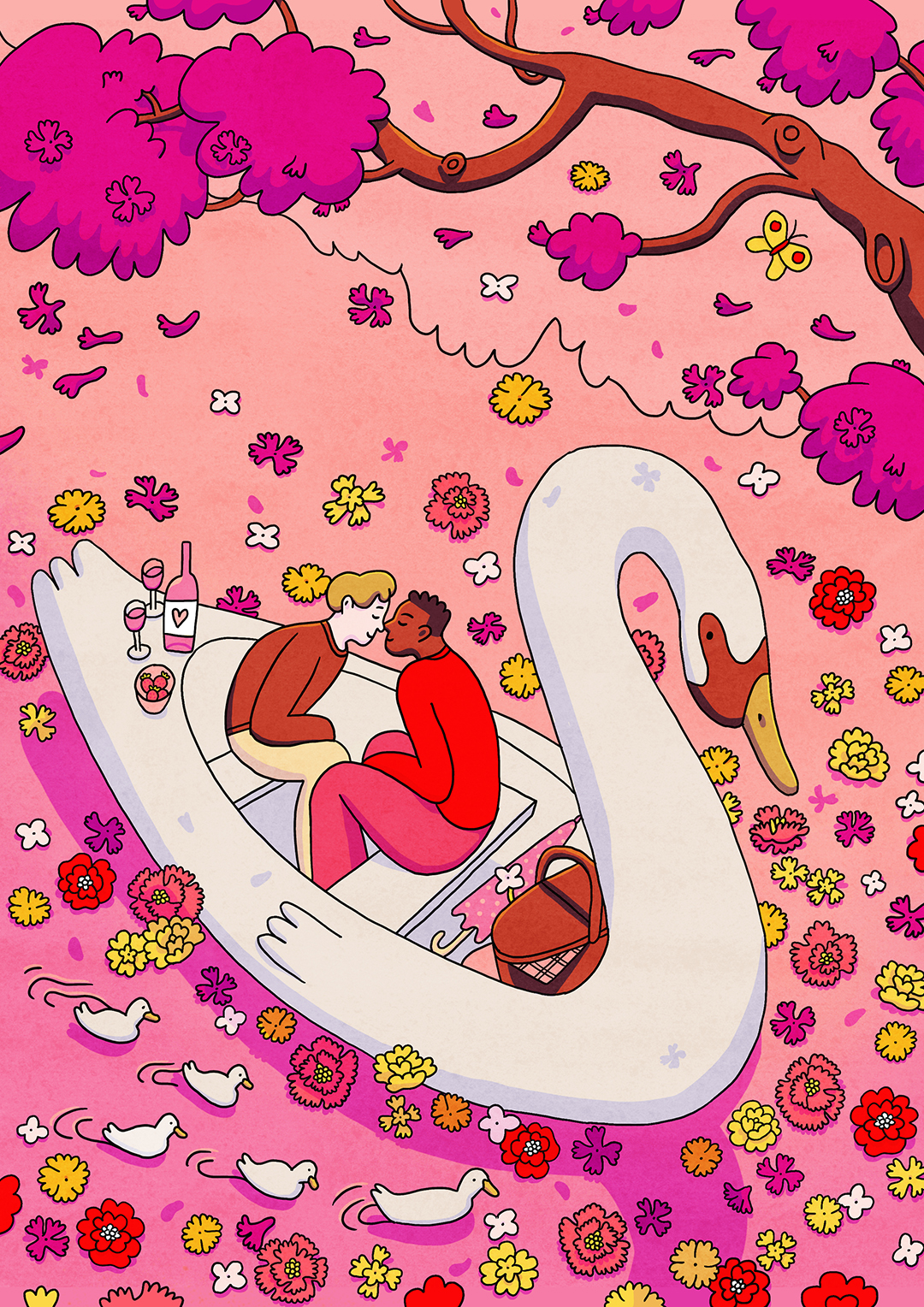 queer romantic date in a swan boat illustration