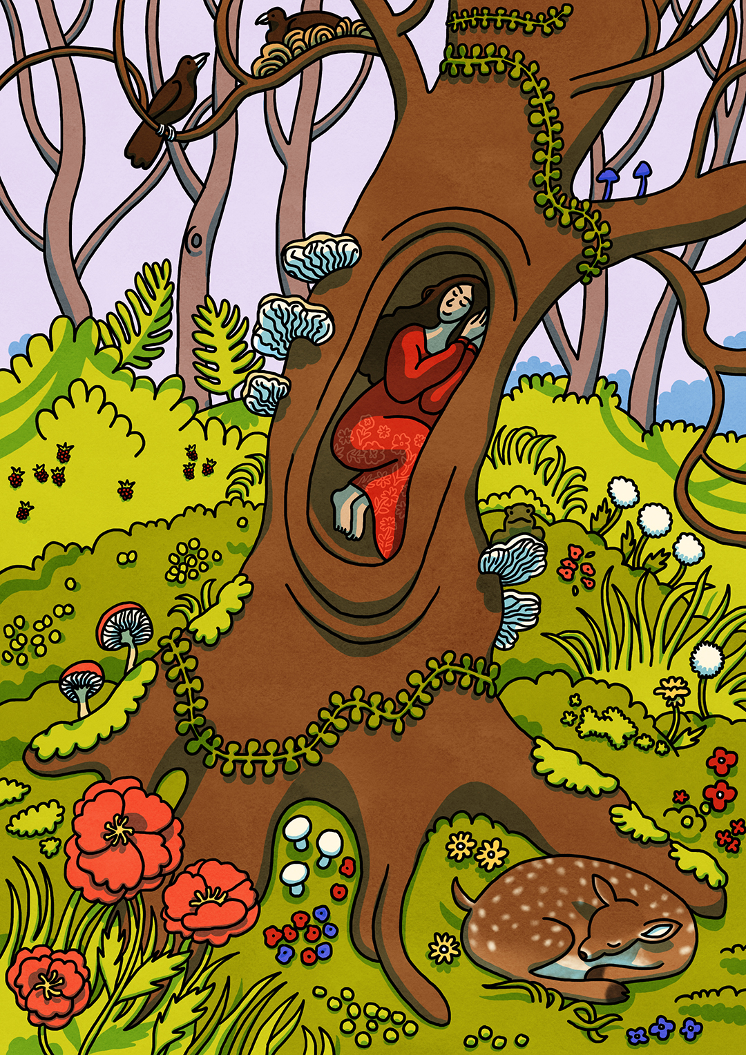 woman sleeping in a forest with animals illustration