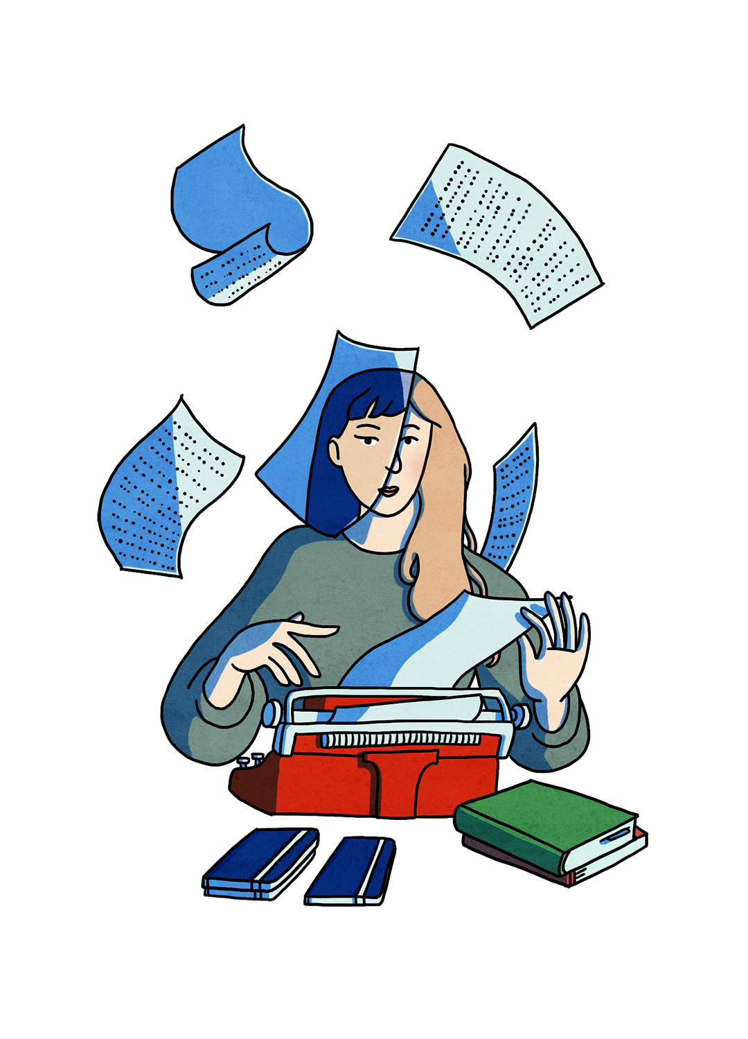 a writer whose face is covered by the image of a Chinese woman