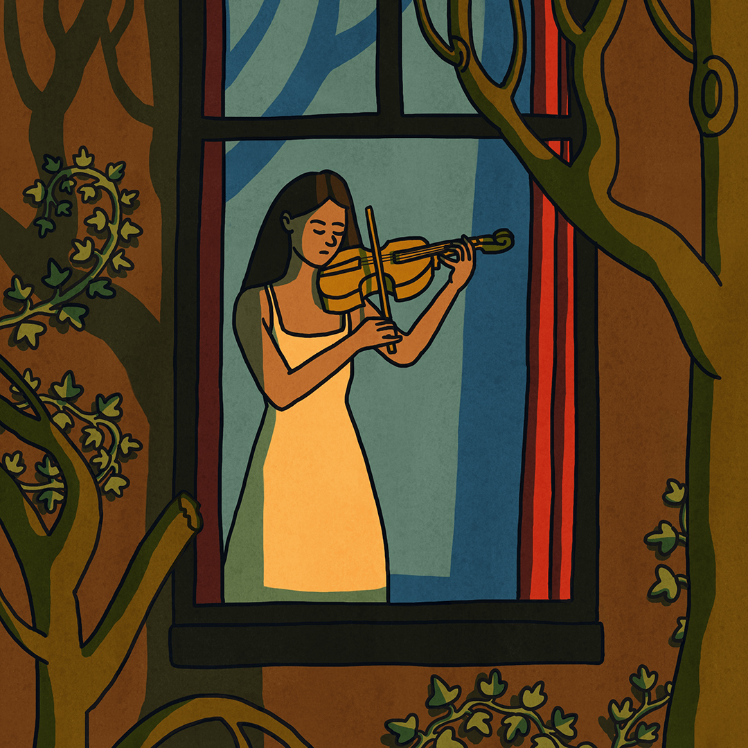 girl playing violin in a window