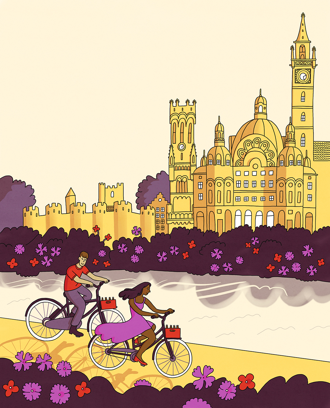 cycling through city in spring illustration