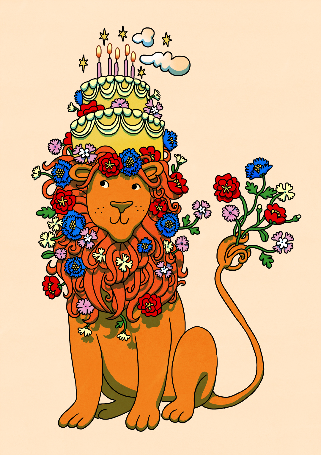 cute whimsical birthday card with red panda and cake