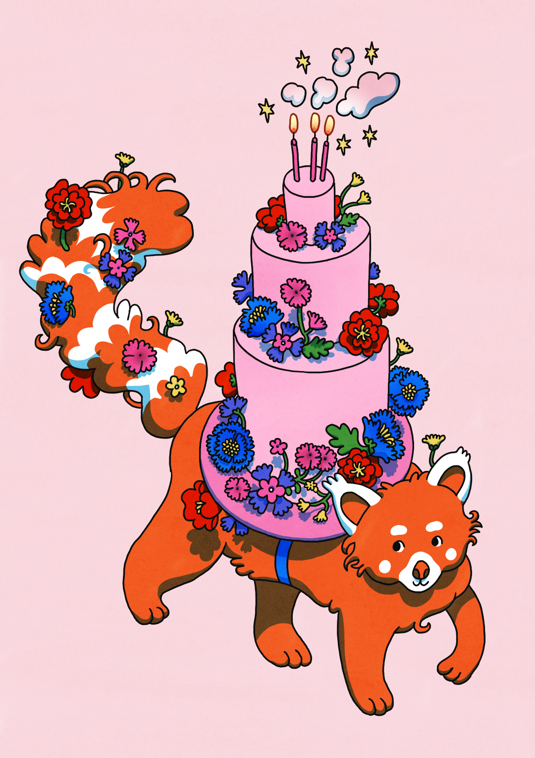 cute whimsical birthday card with red panda and cake