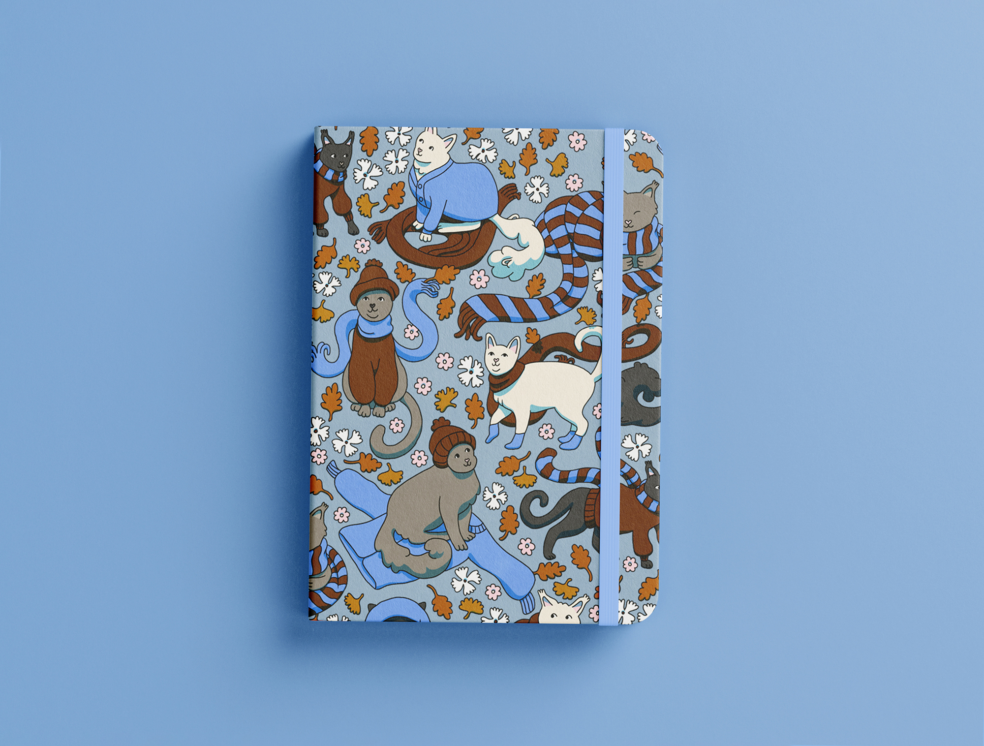 cats in scarves and hats surface design pattern