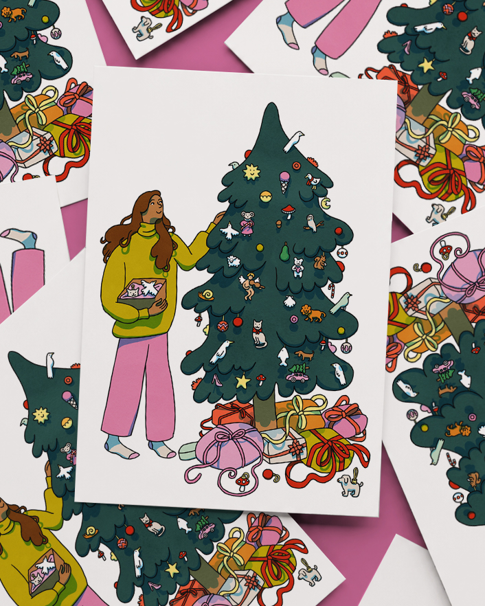 illustration of a girl decorating a Christmas tree