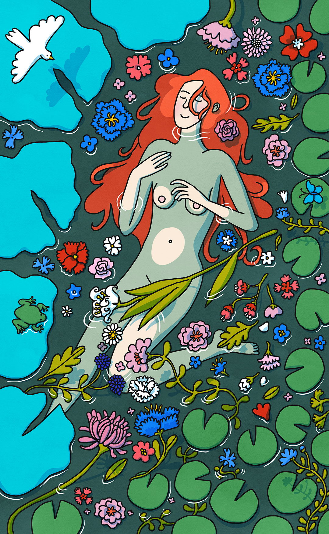 woman bathing in a pond illustration