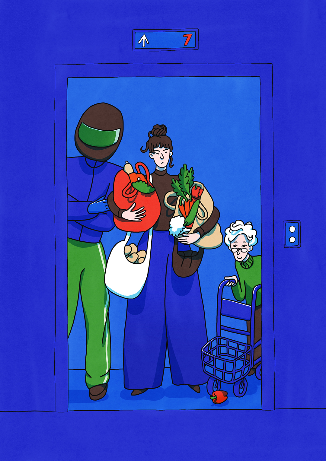 girl in full elevator with too many groceries illustration