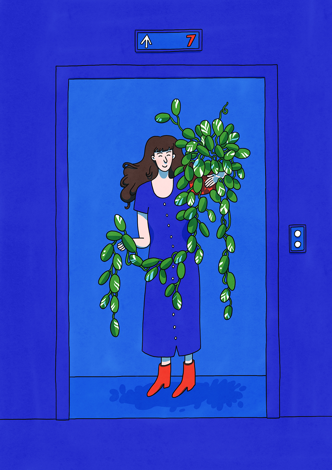 girl in elevator with houseplant illustration