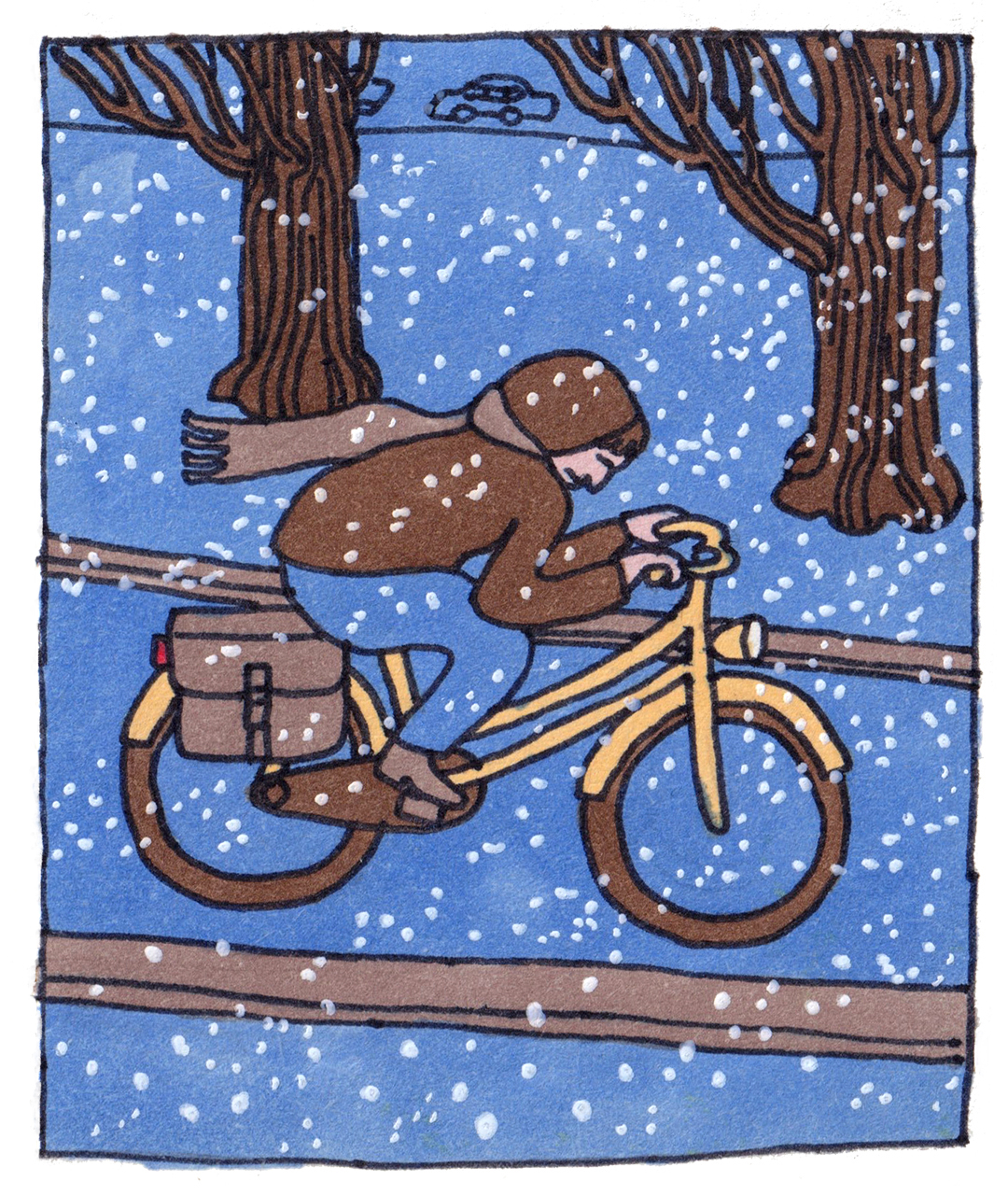 illustration of a person riding a bike through the snow