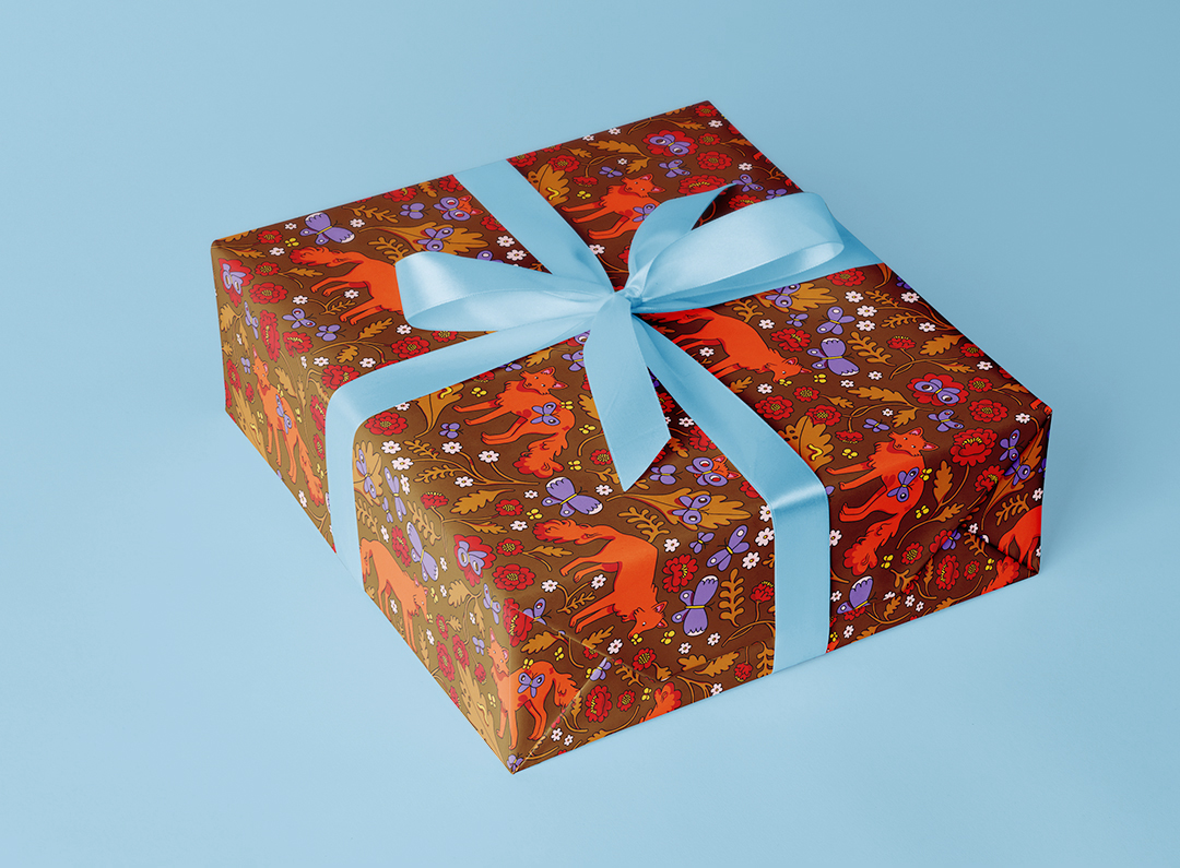fox and flowers wrapping paper