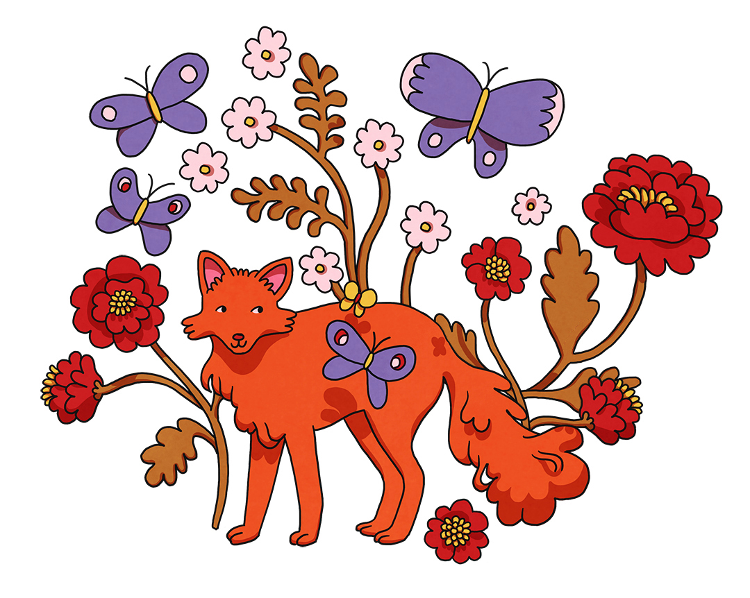fox and flowers spot illustration