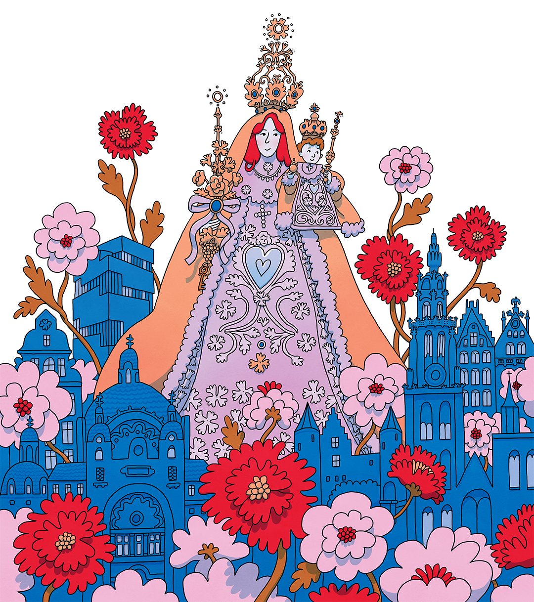 illustration of a procession through the city of Antwerp, with flowers
