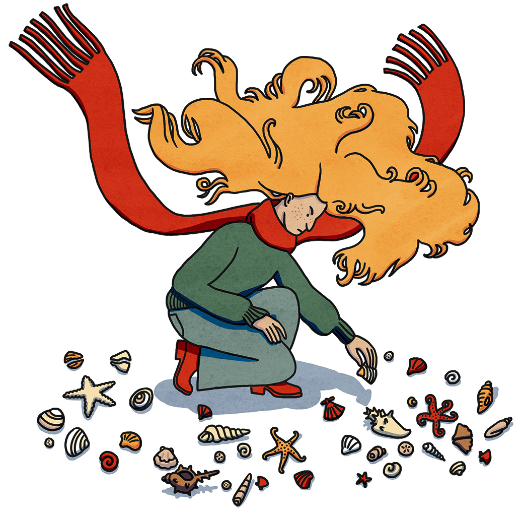 illustration of an angry girl picking sea shells