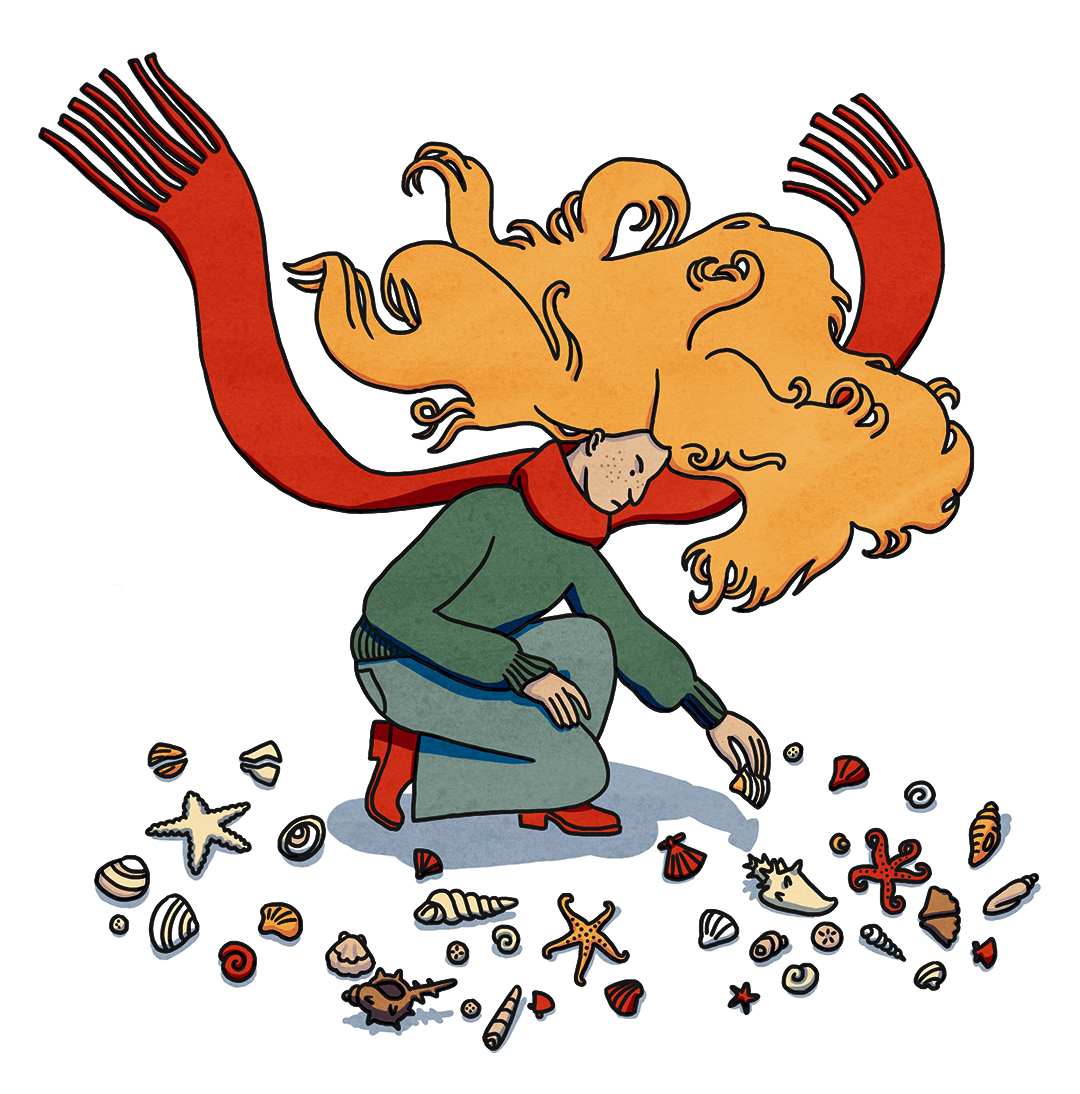 illustration of an angry girl picking sea shells