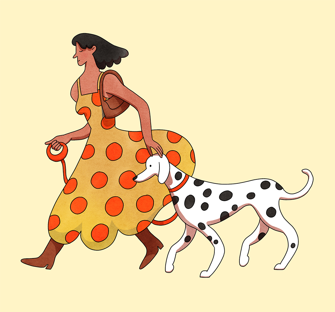 illustration of a stylish girl walking a dalmation dog