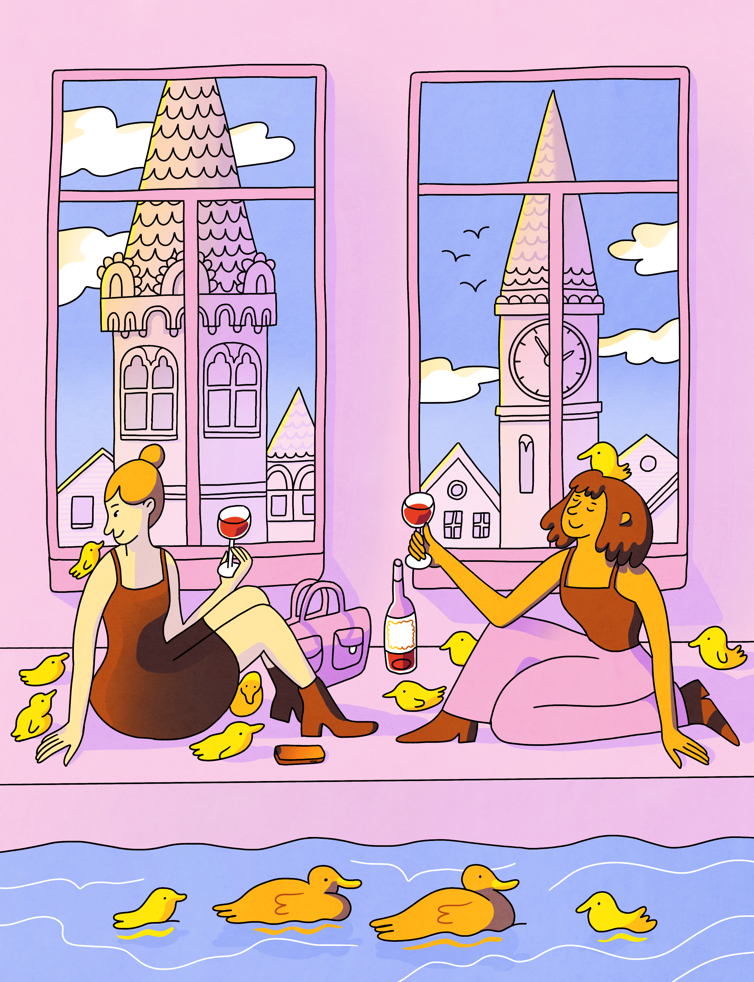 illustration of stylish women having wine with a skyline view