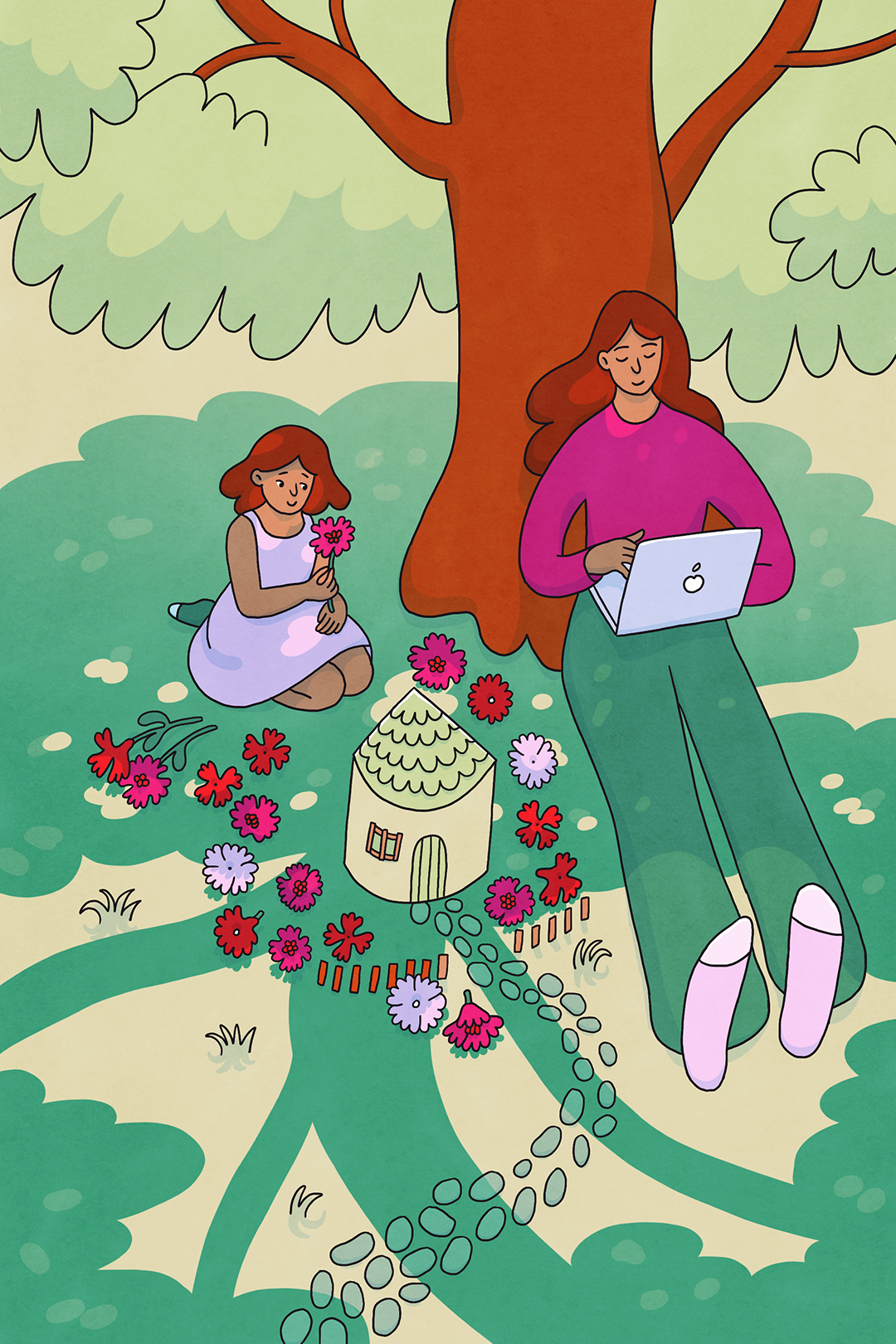 illustration of a woman and child in beautiful nature