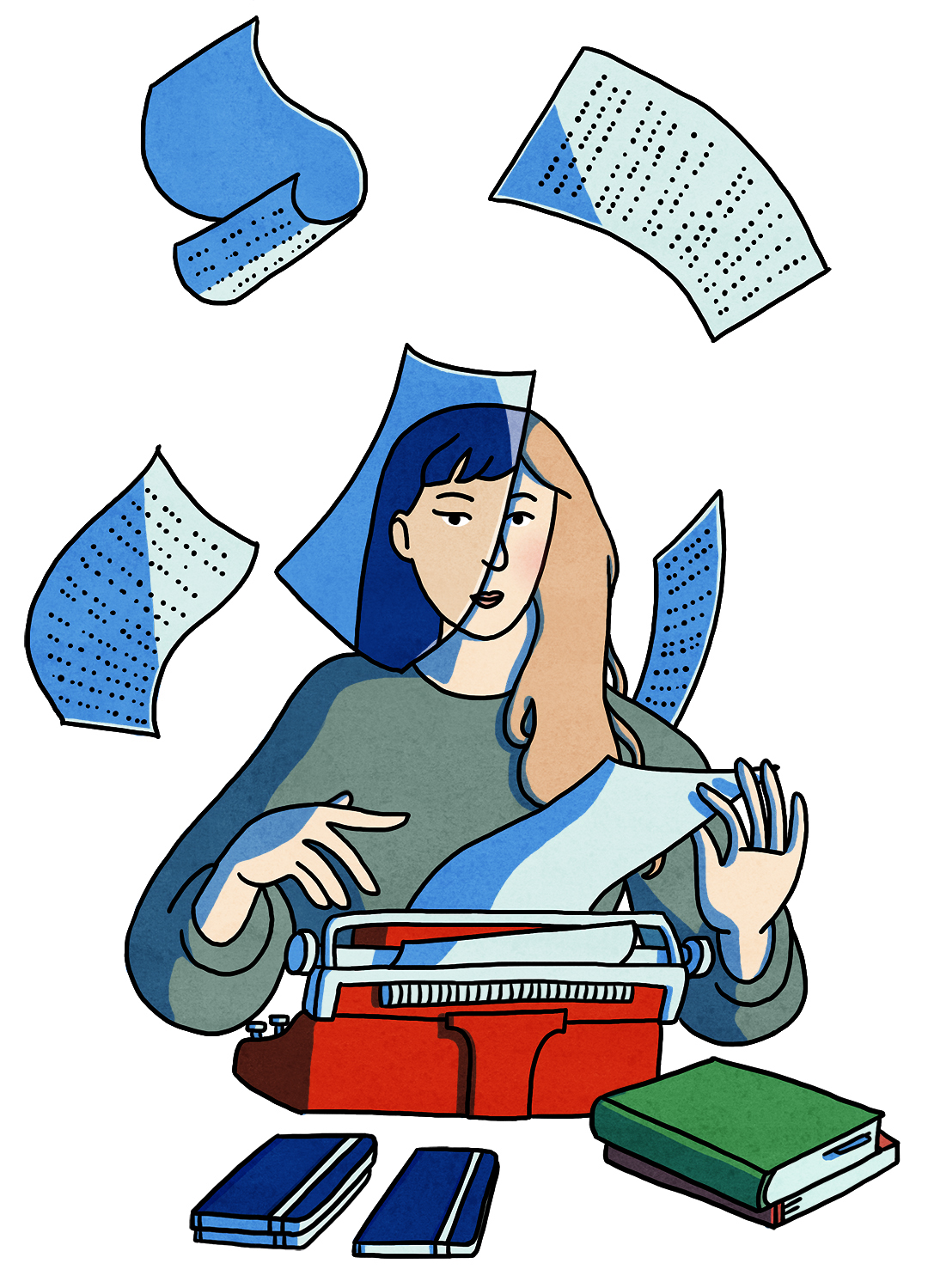a writer whose face is covered by the image of a Chinese woman