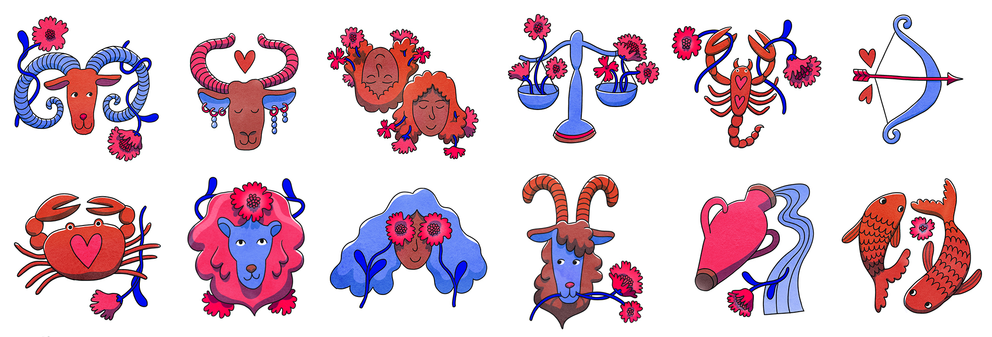 zodiac horoscope illustrations in a playful illustrated style